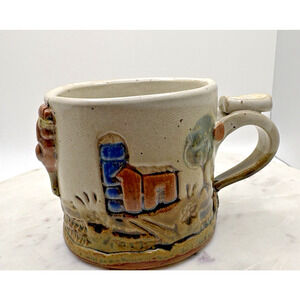 Studio Art Pottery Farm with Rooster Sun Stoneware Mug Made in Pella Iowa USA